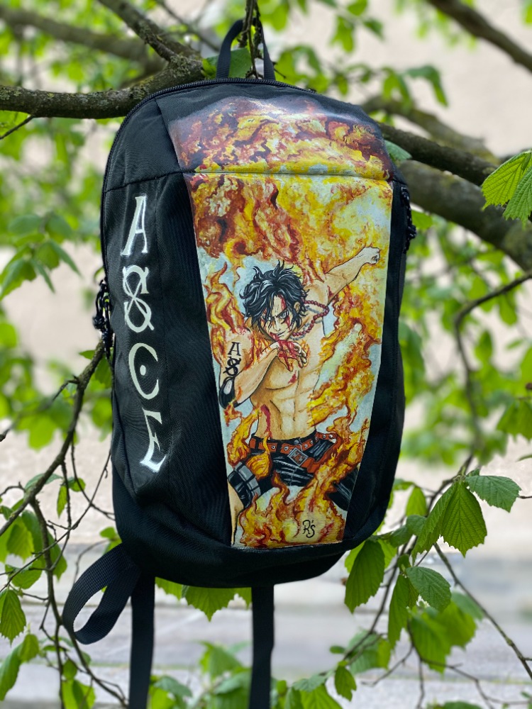 Sac custom peint One piece Ace avec flammes